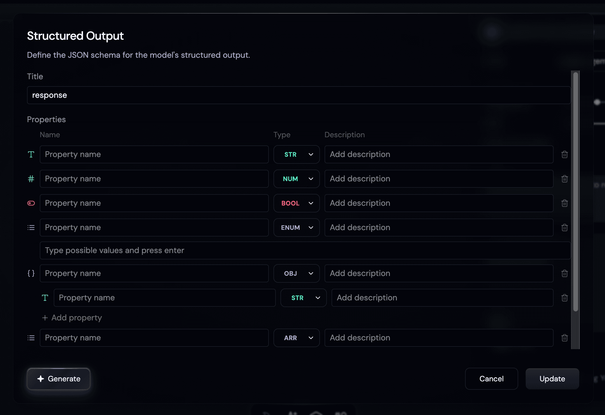 Structured Output schema definition dialog